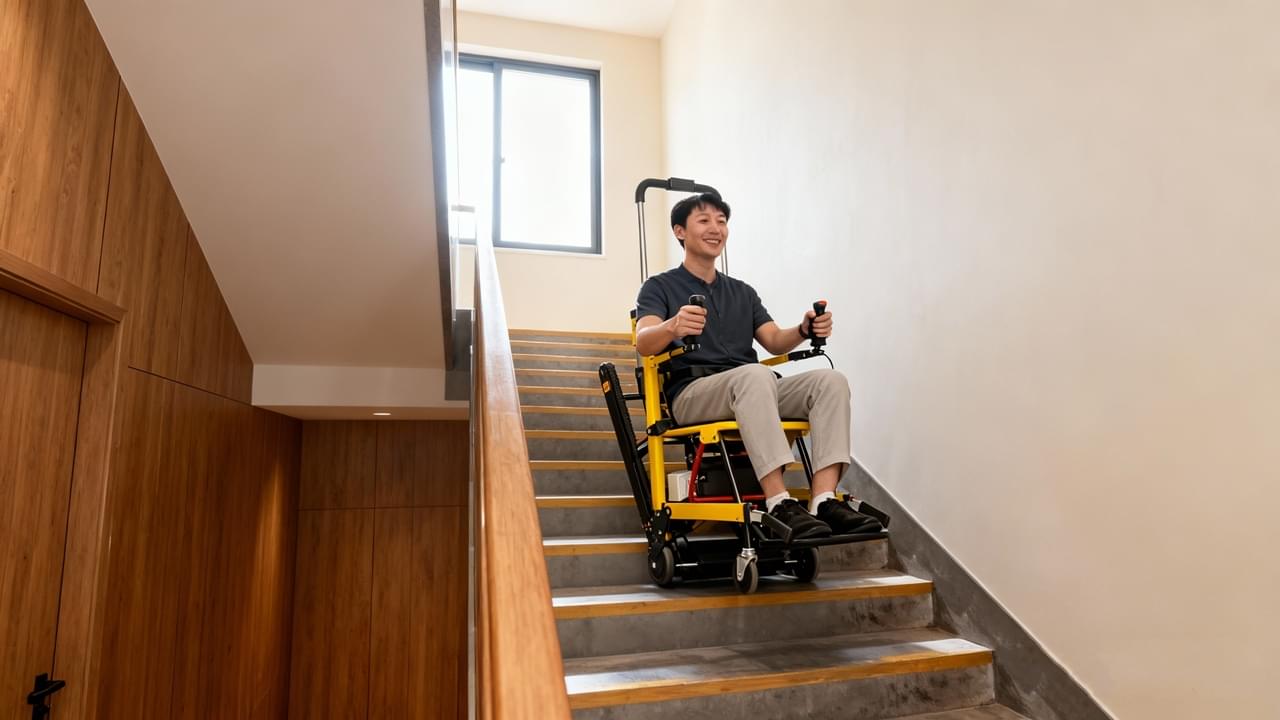 Motorized Stair Climbing Wheelchair smoothly ascending modern residential stairs, showcasing its track system and a confident user operating the controls.