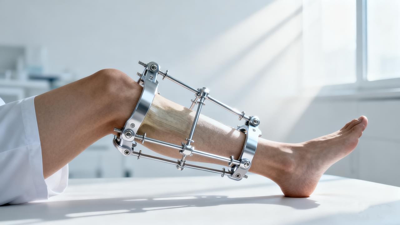 Close-up of a modern External Fixation device stabilizing a lower leg during recovery, symbolizing stability for complex fracture healing.