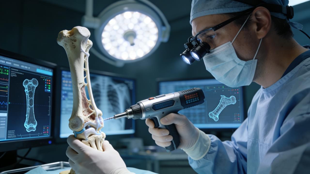 Orthopedic Power Tools used by a surgeon during a complex fracture fixation procedure, showcasing the high precision and advanced digital monitoring required for modern trauma surgery.