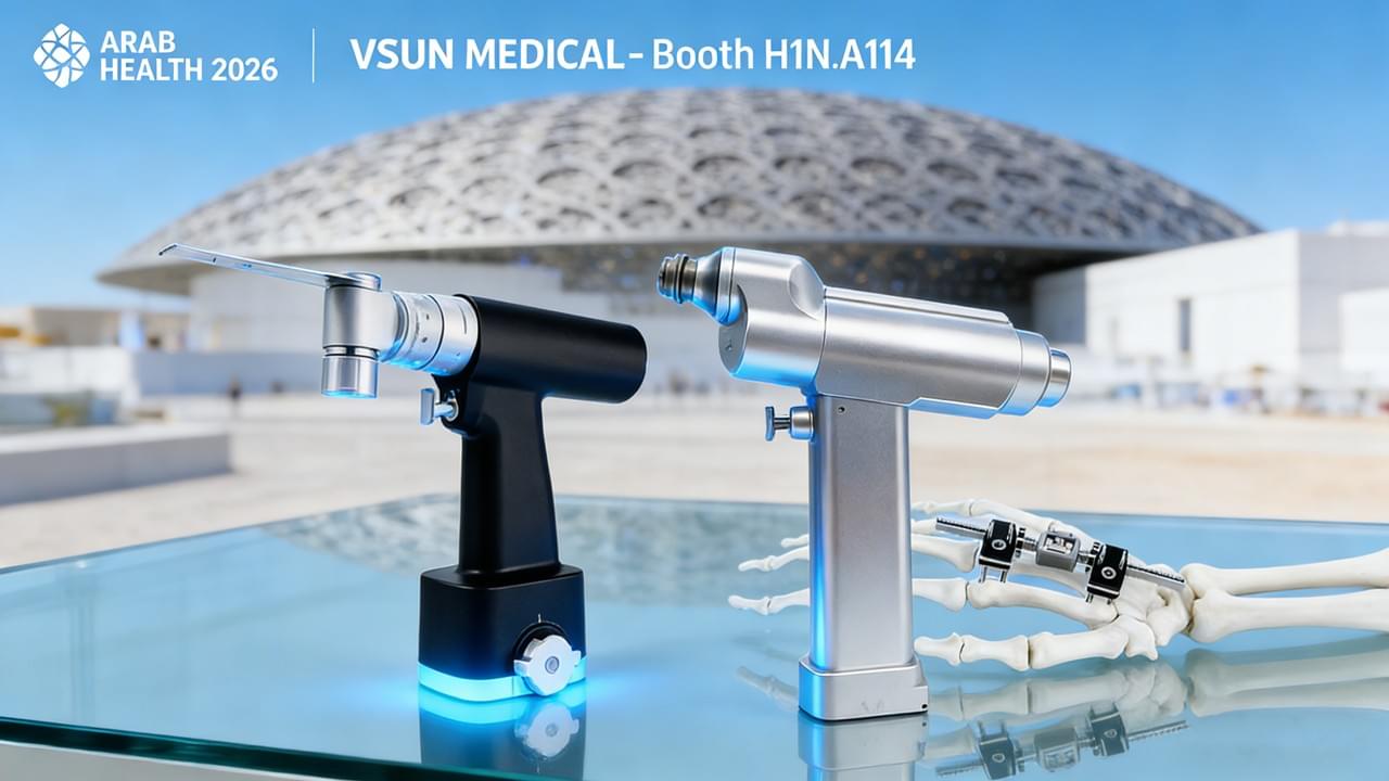 Innovative surgical power tools by Vsun Medical featured against the backdrop of Expo City Dubai for the Arab Health 2026 event.