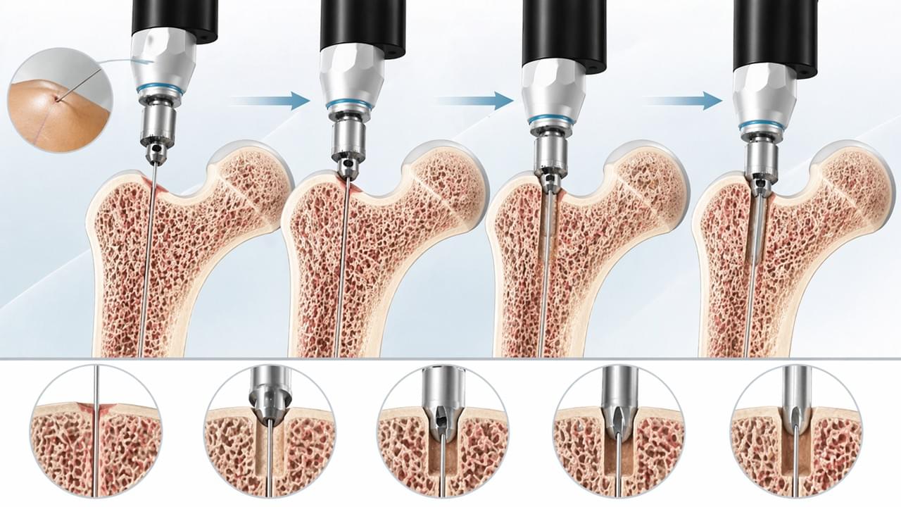 Cross-section diagram of cannulated drill passing over guide wire in minimally invasive orthopedic surgery technique