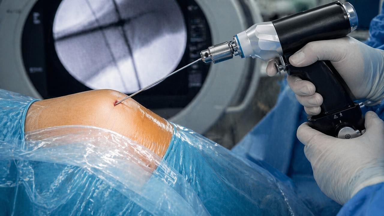 Cannulated drill technique in minimally invasive orthopedic surgery passing over guide wire by Vsun Medical