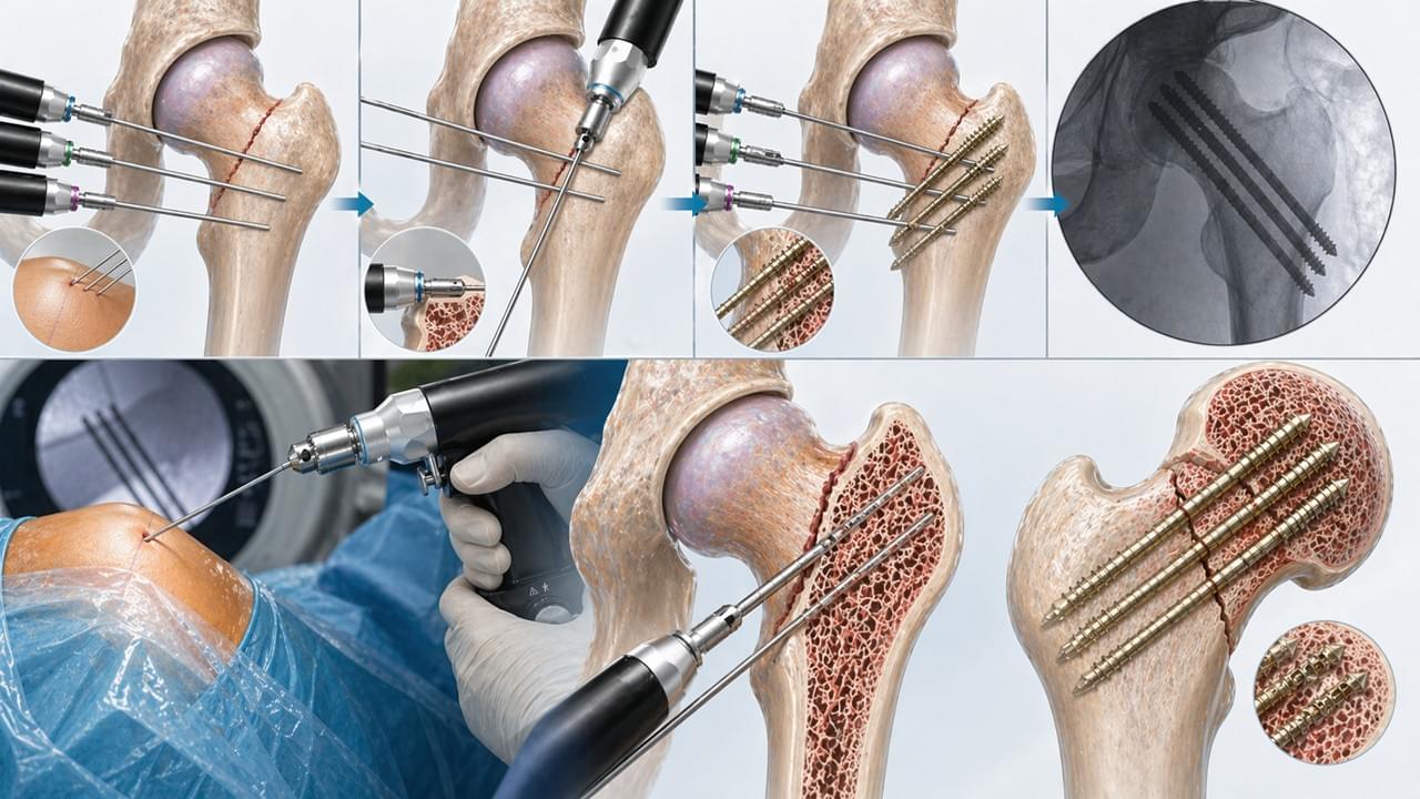 Cannulated screw fixation of femoral neck fracture using guide wire directed drilling in minimally invasive surgery