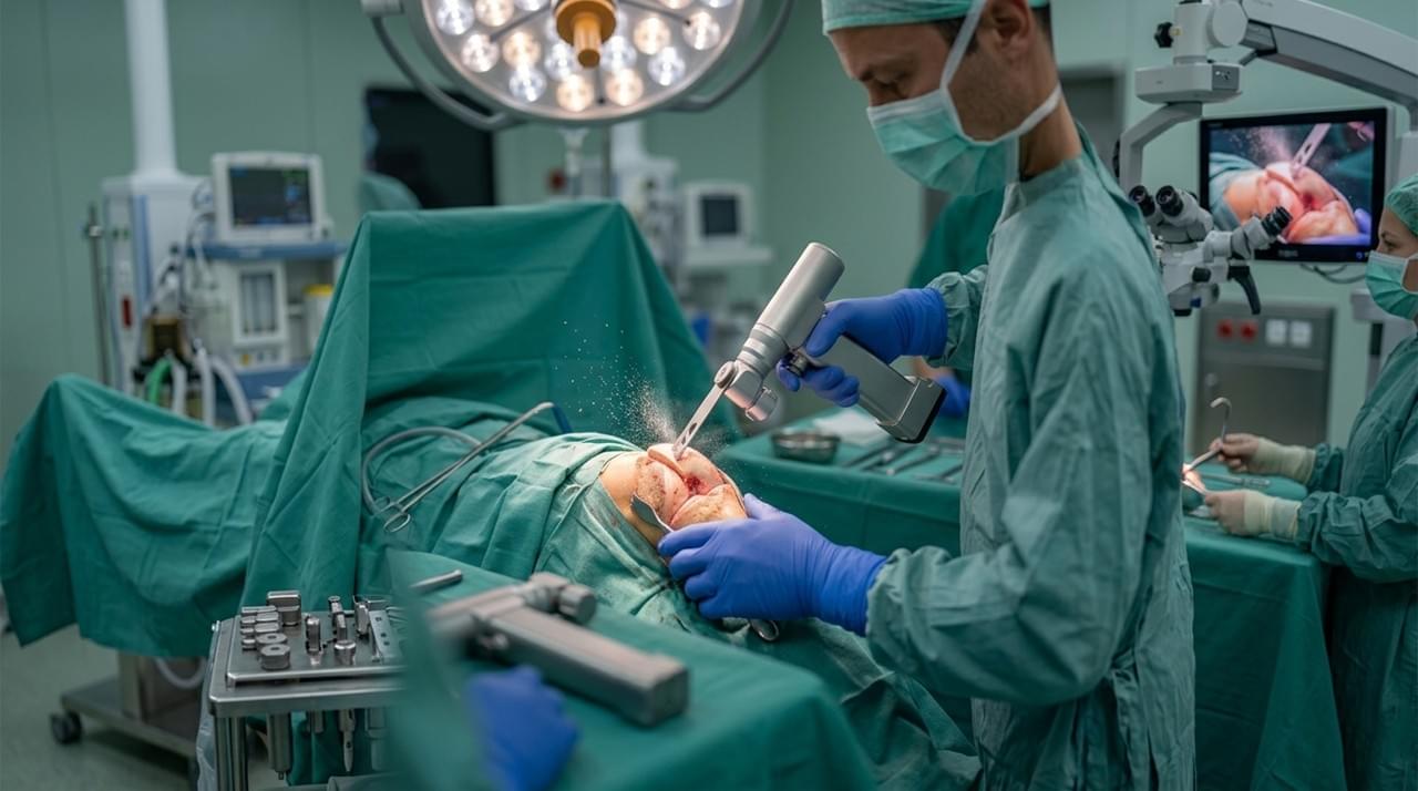 Orthopedic surgeon performing total knee replacement using oscillating saw in clinical surgery