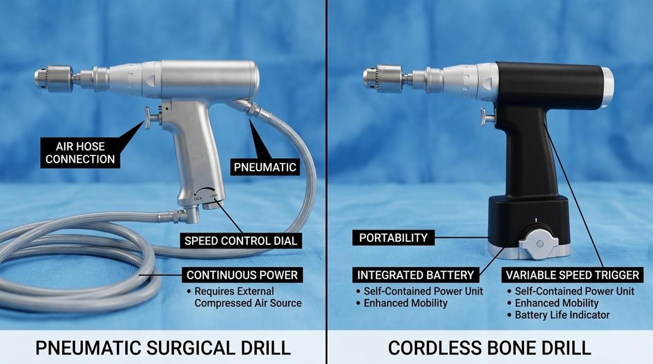 Comparison of pneumatic and electric orthopedic power tools for surgical use showing performance differences