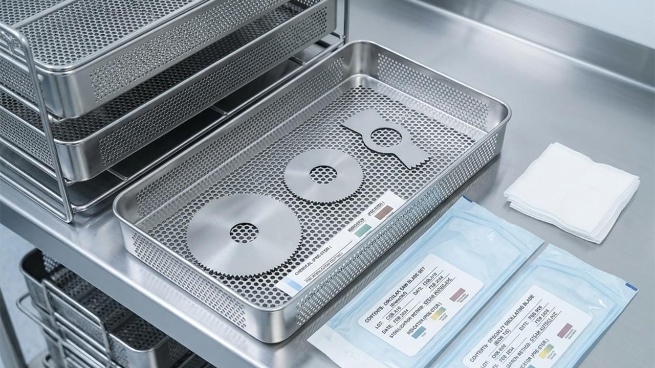 Surgical saw blades sterilization preparation showing autoclave compatibility for reusable orthopedic cutting instruments