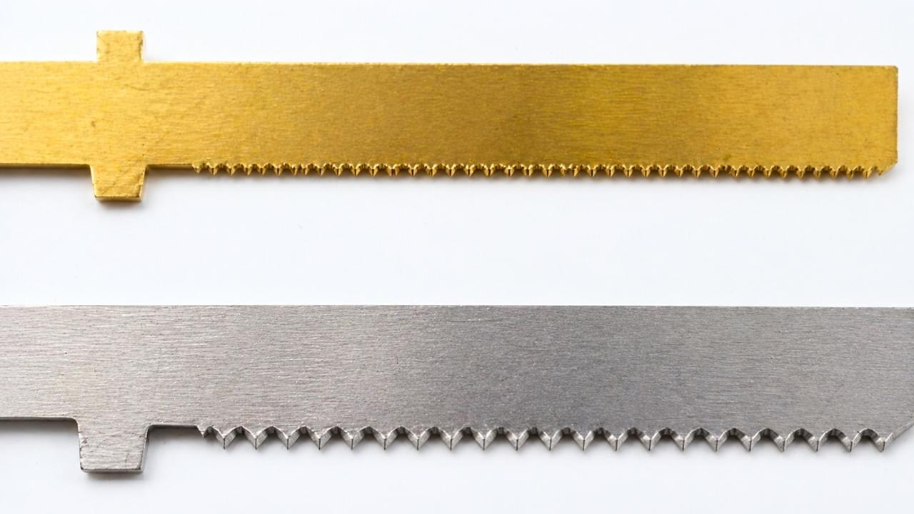 Close-up comparison of surgical saw blade tooth pitch geometry showing fine and coarse pitch for bone cutting efficiency
