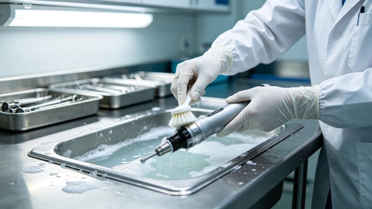 Orthopedic power tool decontamination process using enzymatic cleaning and brush technique in hospital CSSD
