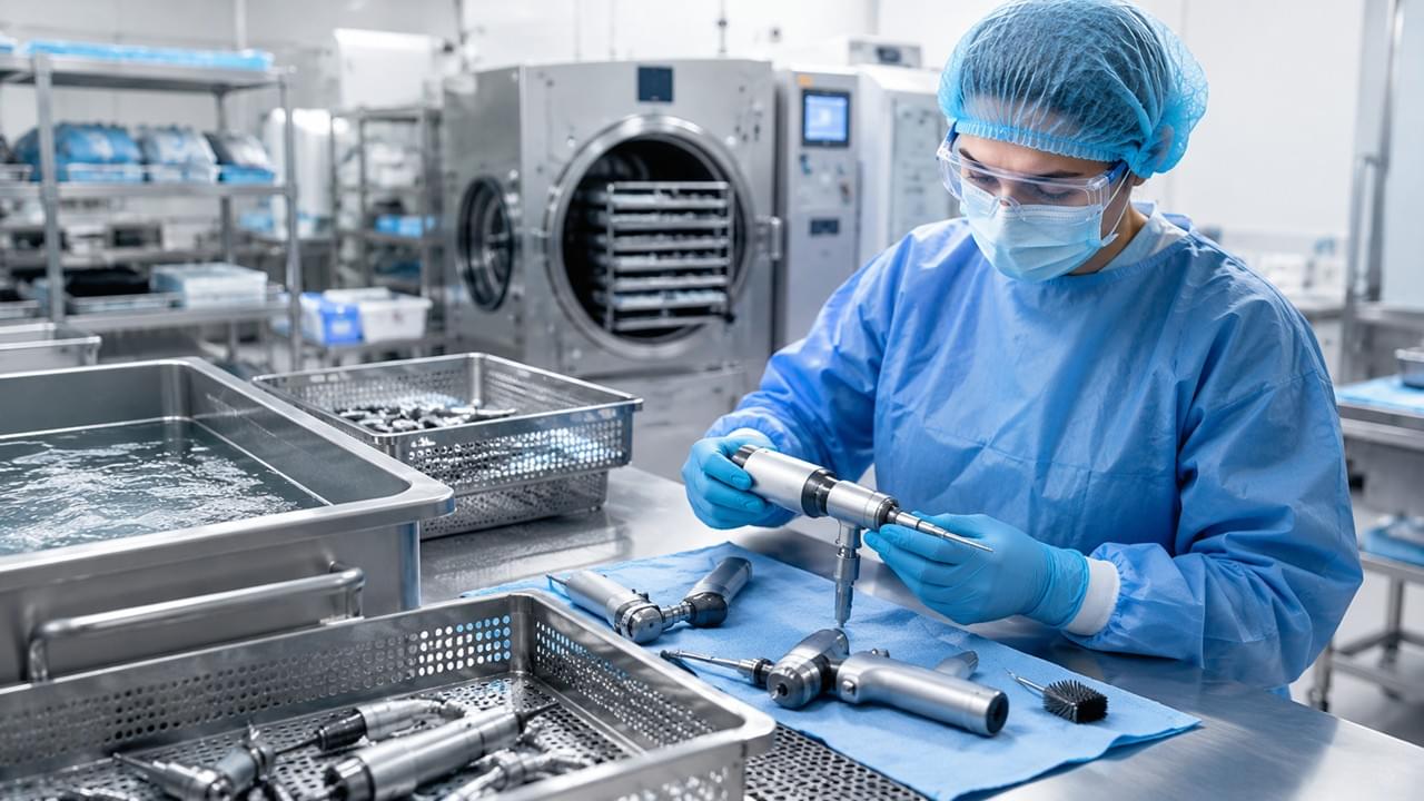 Orthopedic power tool sterilization and maintenance protocol in hospital CSSD showing cleaning and autoclave preparation