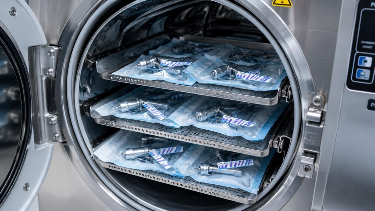 Orthopedic power tool sterilization in autoclave showing wrapped instruments and sterilization indicators
