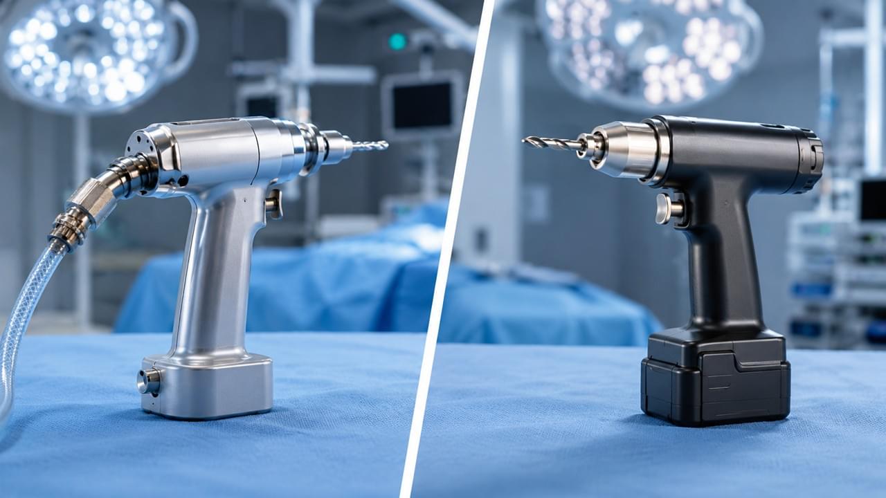 Comparison of pneumatic vs electric orthopedic power tools: side-by-side studio photography showcasing an air-powered surgical drill connected to a compressed air hose versus a cordless battery-powered bone drill with lithium-ion pack, both positioned on sterile stainless steel surgical tray with orthopedic attachments, drill bits, and sterile drapes; clinical lighting with soft shadows, medical device catalog style, high-resolution product photography, shallow depth of field highlighting tool mechanisms and ergonomic grips, neutral blue-gray surgical background with subtle hospital environment context