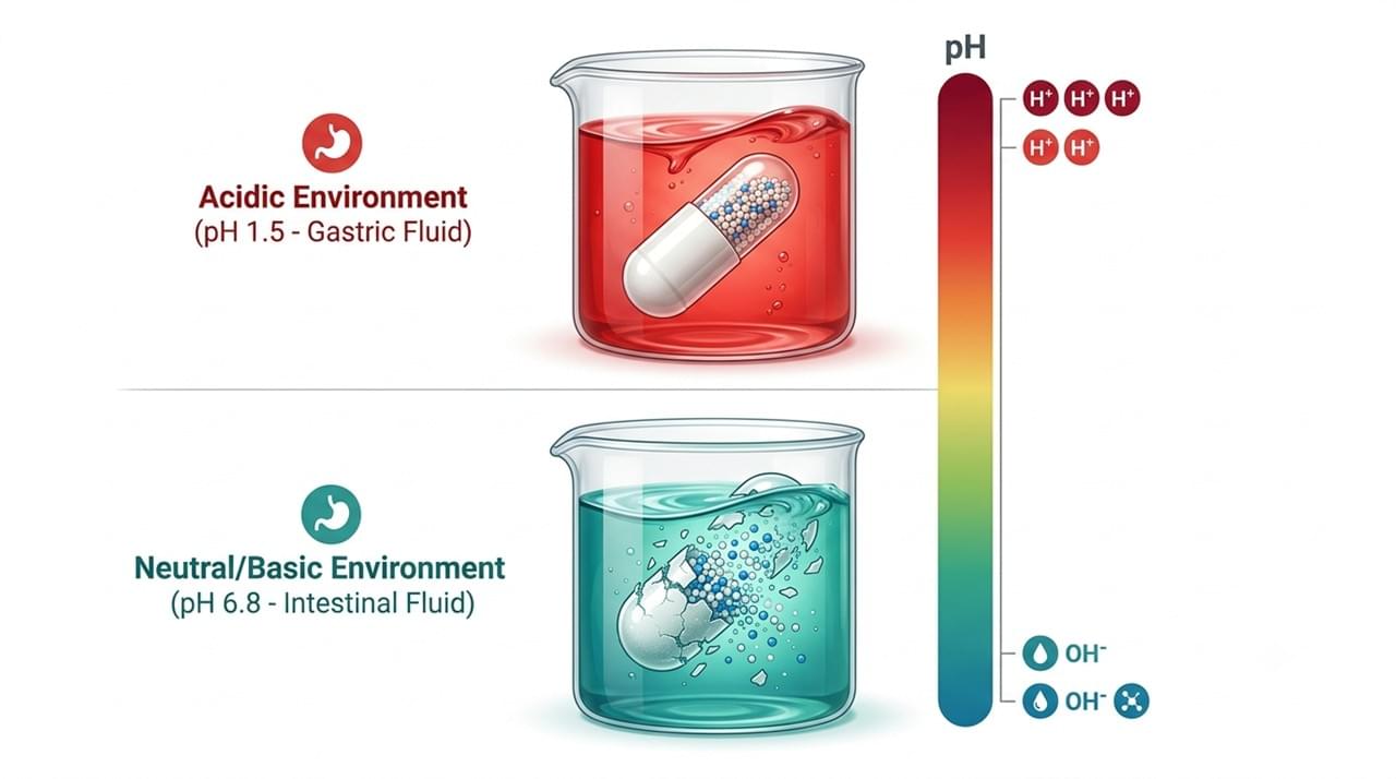 Enteric capsule mechanism showing acid-resistant shell intact in gastric pH and dissolving for drug release at intestinal pH
