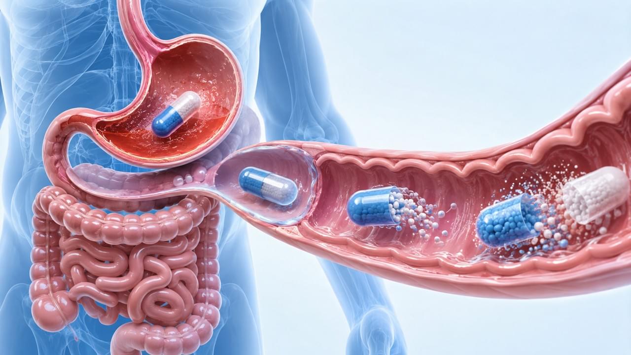 Enteric capsule technology showing intestinal drug release mechanism with acid-resistant coating protecting API from gastric acid