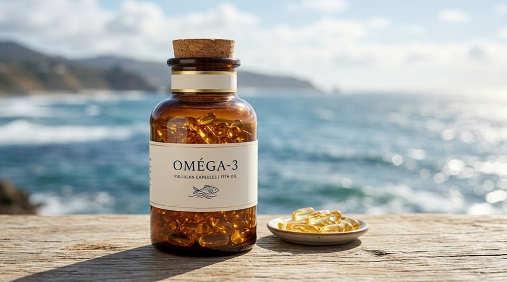 Premium omega-3 fish oil in pullulan capsules demonstrating oxygen barrier protection for sensitive nutraceutical formulations
