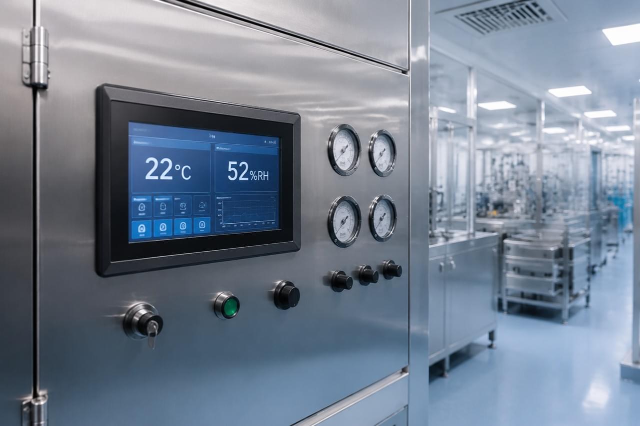 Pharmaceutical filling room environmental controls showing temperature and humidity monitoring for HPMC capsule filling compatibility
