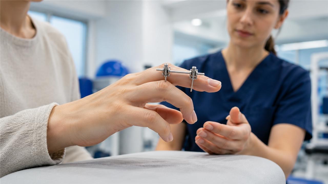 Mini External Fixator: 5 Proven Advantages That Speed Hand Recovery 2 Patient performing early digital rehabilitation exercises with mini external fixator in place for phalangeal fracture recovery