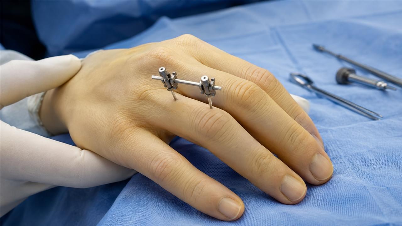 Type A mini external fixator applied for finger metacarpal fracture fixation in hand surgery by Vsun Medical orthopedic fixator manufacturer