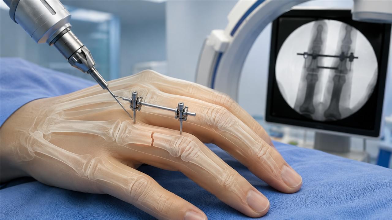 Mini External Fixator: 5 Proven Advantages That Speed Hand Recovery 1 Surgical technique for applying mini external fixator to proximal phalangeal fracture showing pin insertion and bar connection