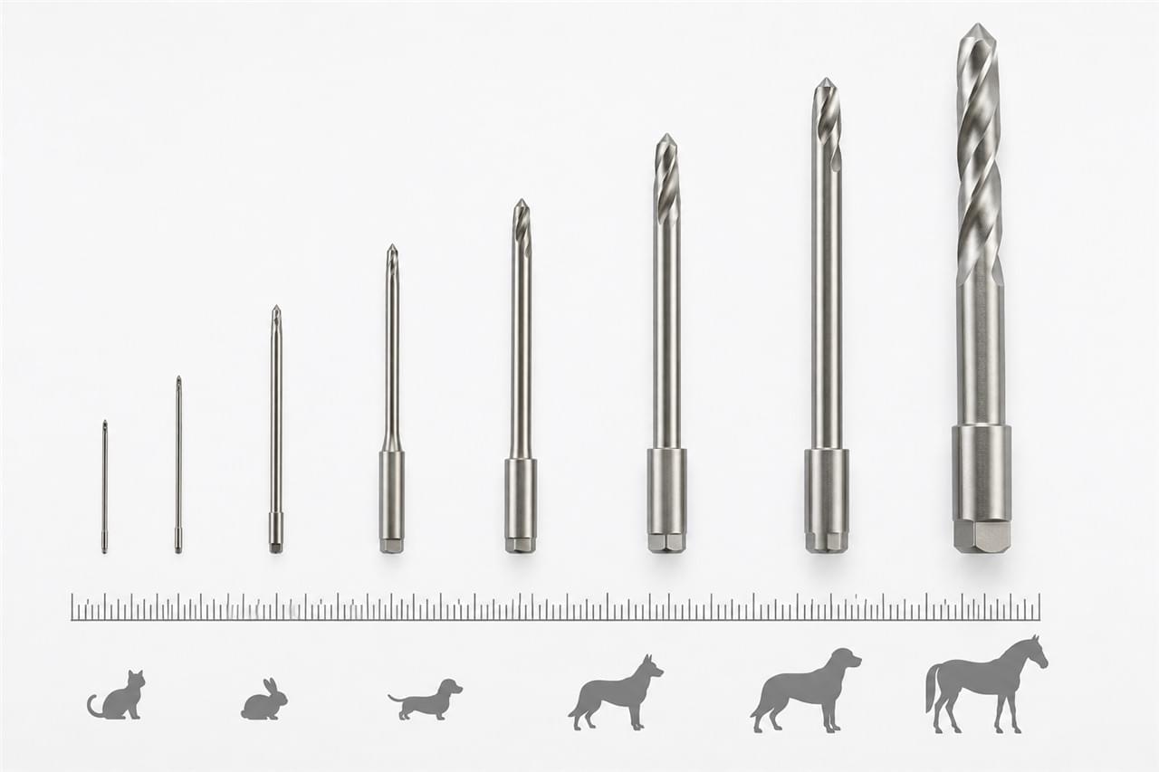 Veterinary orthopedic instrument size range from micro 1mm pins for cats to large 8mm pins for equine surgery