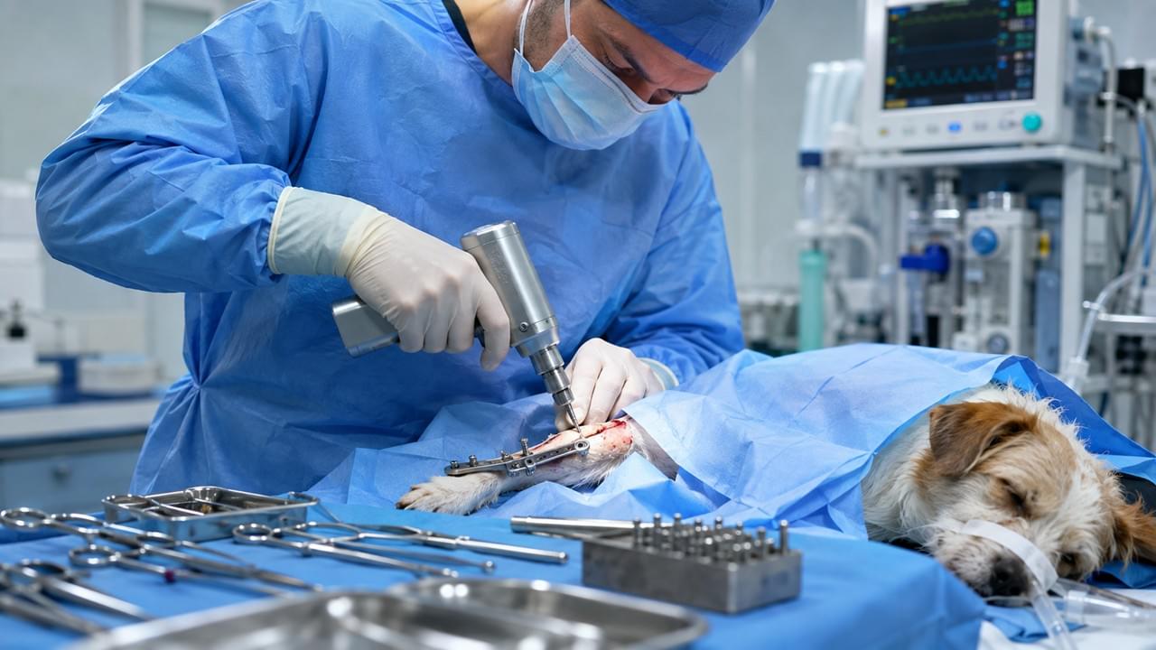 Modern veterinary orthopedic surgery using advanced power drills and surgical tools by Vsun Medical veterinary surgical equipment manufacturer