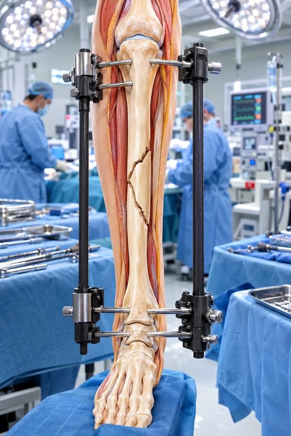 The Complete Open Fracture Management Guide: 6 Emergency Steps That Save Limbs 2 Damage control external fixator spanning application for Type III open tibia fracture emergency stabilization in trauma surgery