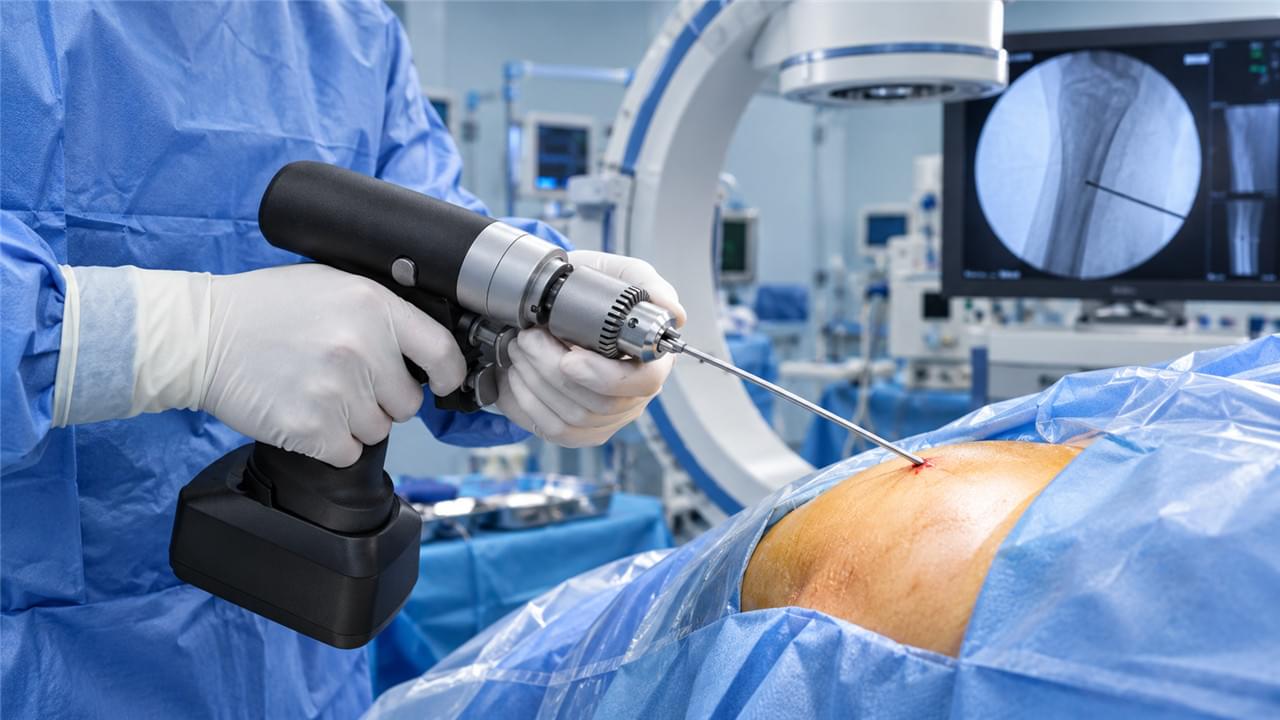Minimally invasive external fixator insertion technique showing percutaneous pin placement with small stab incision and fluoroscopy guidance