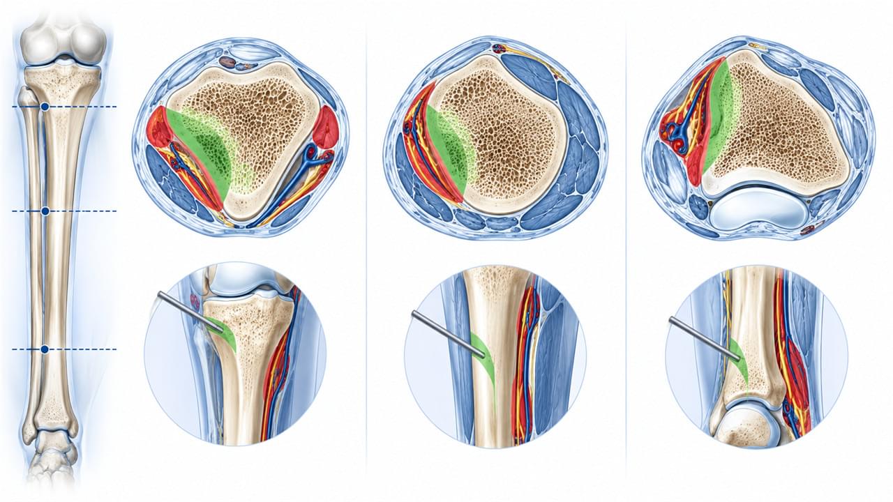 Le guide complet de la fixation externe mini-invasive : 5 étapes pour une guérison plus rapide 1 Zones d'insertion de broches sûres pour fixateur externe tibial montrant le corridor sûr antéro-médial et les structures neurovasculaires à éviter