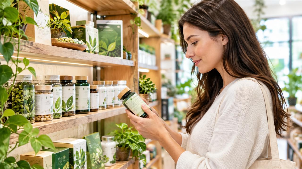 Plant-Based Capsules: 7 Market Trends Reshaping the Supplement Industry 2 Clean label supplement consumer choosing plant-based capsules in natural health store showing market demand trends