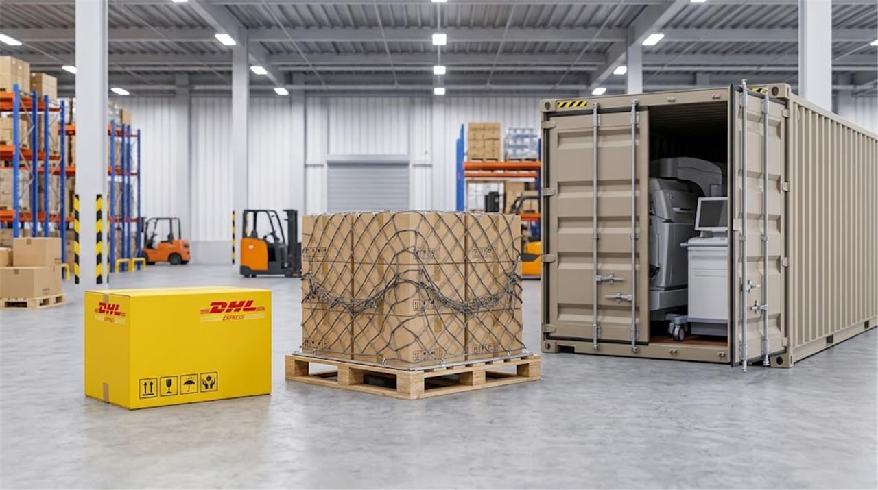 Medical Device Logistics: 7 Proven Ways to Protect Global Supply 1 Medical device international shipping methods comparison showing DHL Express air freight and sea freight logistics options